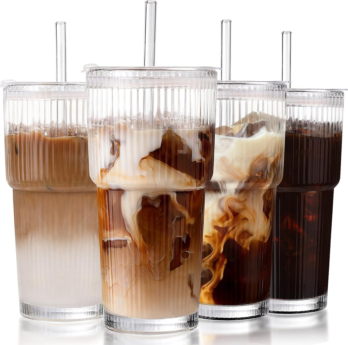 4 Packs Glass Cup with Lids and Straws, TAIMASI Ribbed 20oz Leak Proof Iced Coffee Tumbler Set with Brush ,Iced Coffee, Smoothies, Cocktails, Juice