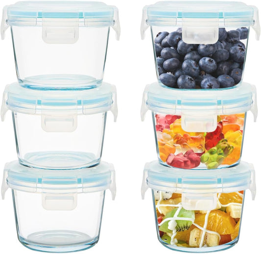 12 Pcs Small Glass Food Storage Containers with Lids Set, 5oz Airtight Meal Prep Containers Lunch Box (6 Containers & 6 Lids) for Fruit, Snack, Blue