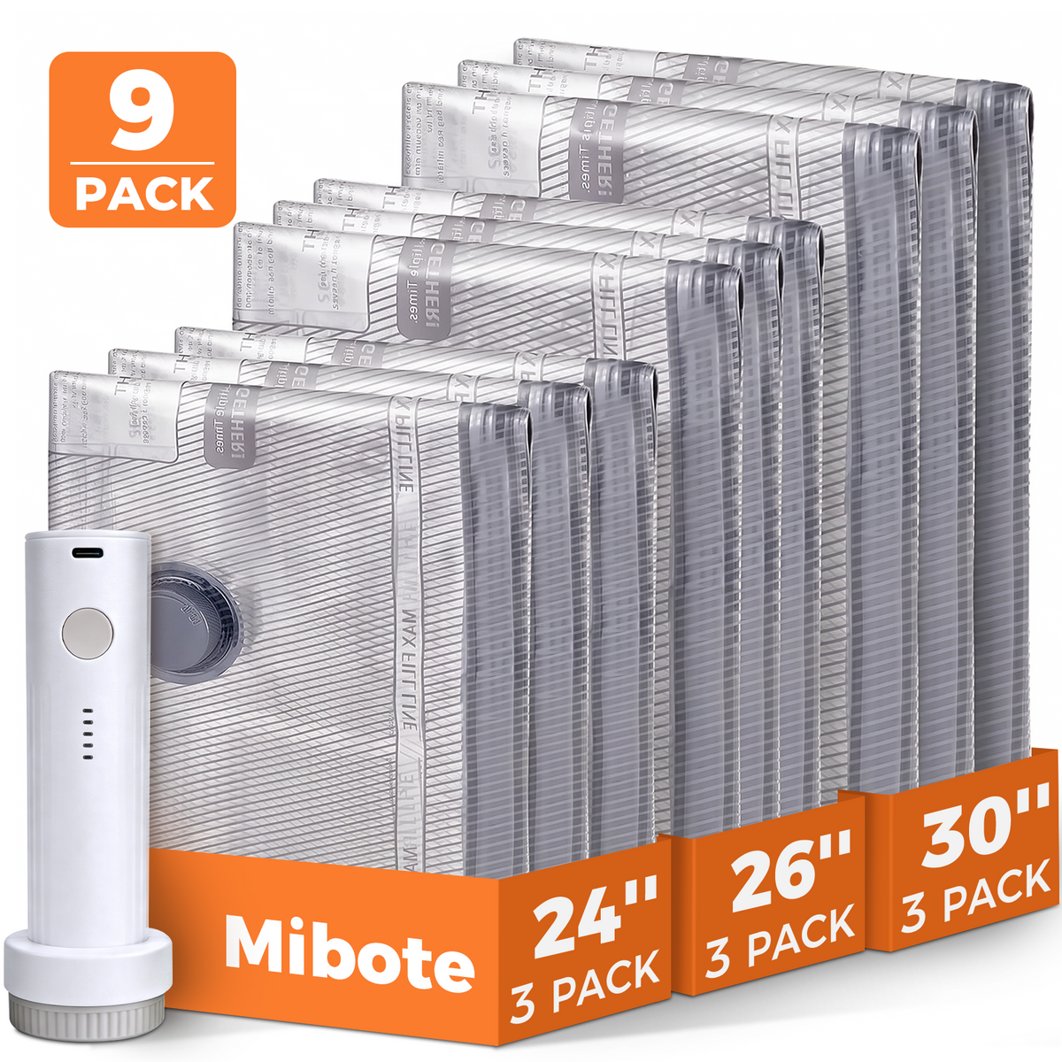 Mibote Vacuum Bags for Travel with Rechargeable Pump, 9 Combo Space Saver Compression Packing Seal Storage for Clothes Luggage