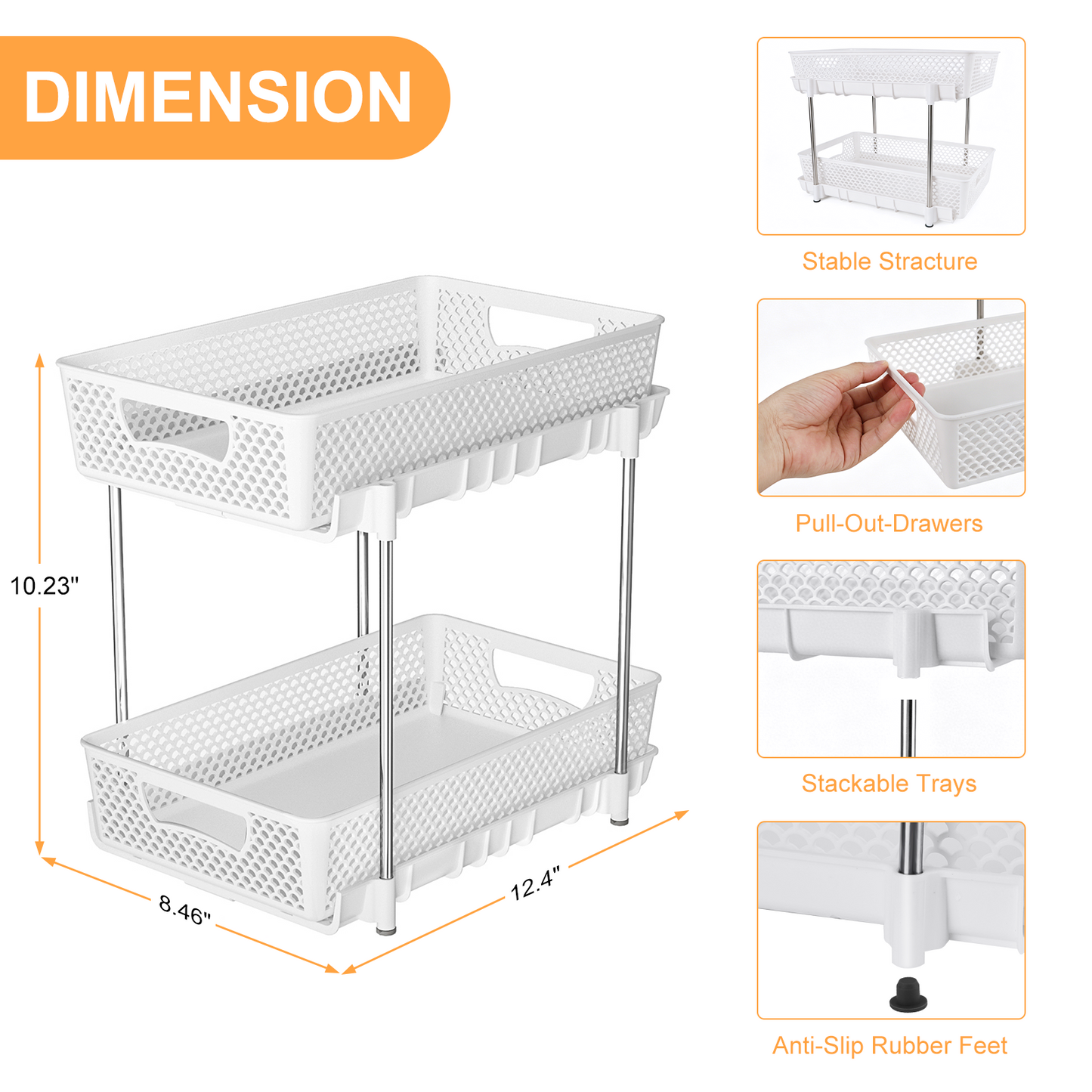 4 Pack Pull Out Bathroom Organizers and Storage, 2 Tier Stackable Under Sink Storage Organizer for Bathroom, Kitchen Cabinet, Pantry, and Medicine Holder, Organization and Storage - White