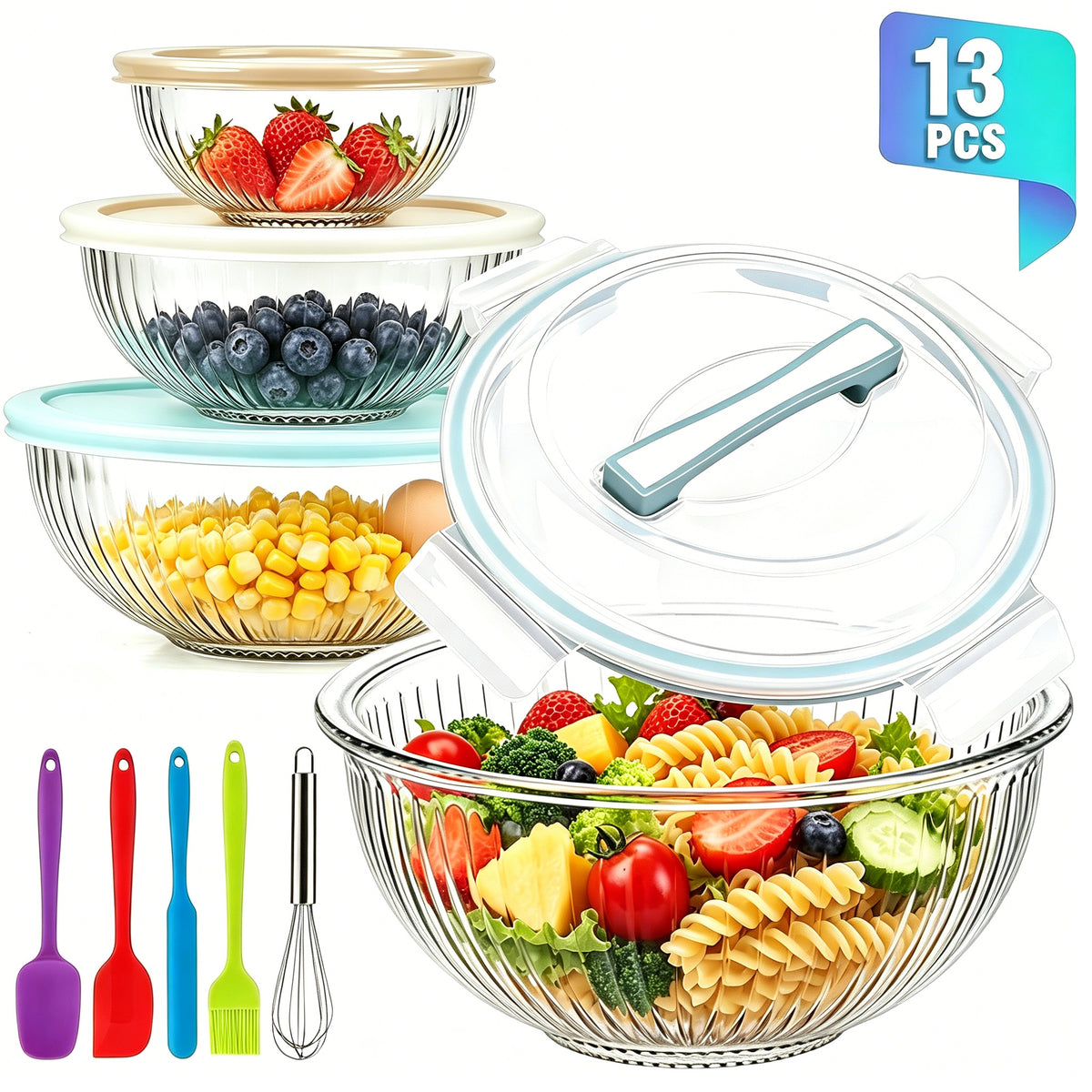 Mixing Bowls Set, AOKIWO 13 Packs 4 Size Nesting Glass Bowls with BPA-Free Lids & Baking Tools, Storage Bowl for Kitchen, Prep, Baking, Serving