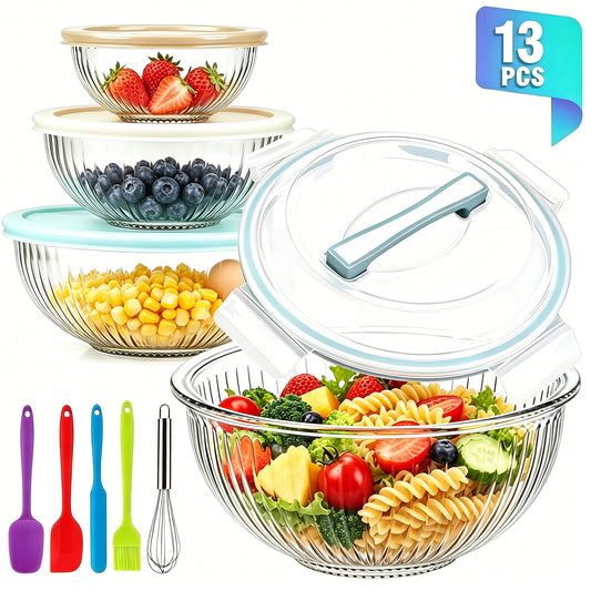 Mixing Bowls Set, AOKIWO 13 Packs 4 Size Nesting Glass Bowls with BPA-Free Lids & Baking Tools, Storage Bowl for Kitchen, Prep, Baking, Serving