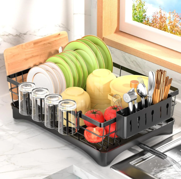 Dish Drying Rack, AOKIWO Kitchen Counter Stainless Steel Large 1 Tier Dish Drainer with Drainboard Over Sink for Cups, Knives, Spoons, and Forks (L16.9"*W12.5")