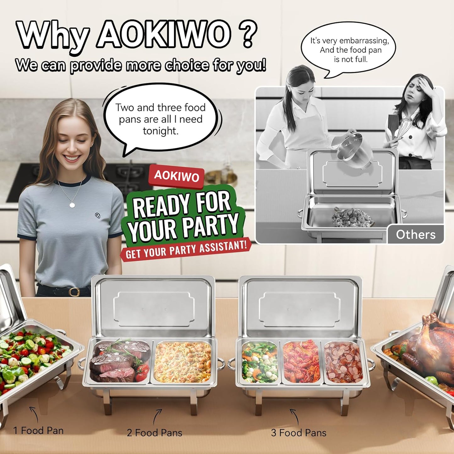 Chafing Dishes for Buffet ,AOKIWO 3 Packs 8QT Mirrored Stainless Steel Chafing Dishes for Buffet, Chafers and Buffet Warmer for Parties, Events, Wedding, Camping, Dinner