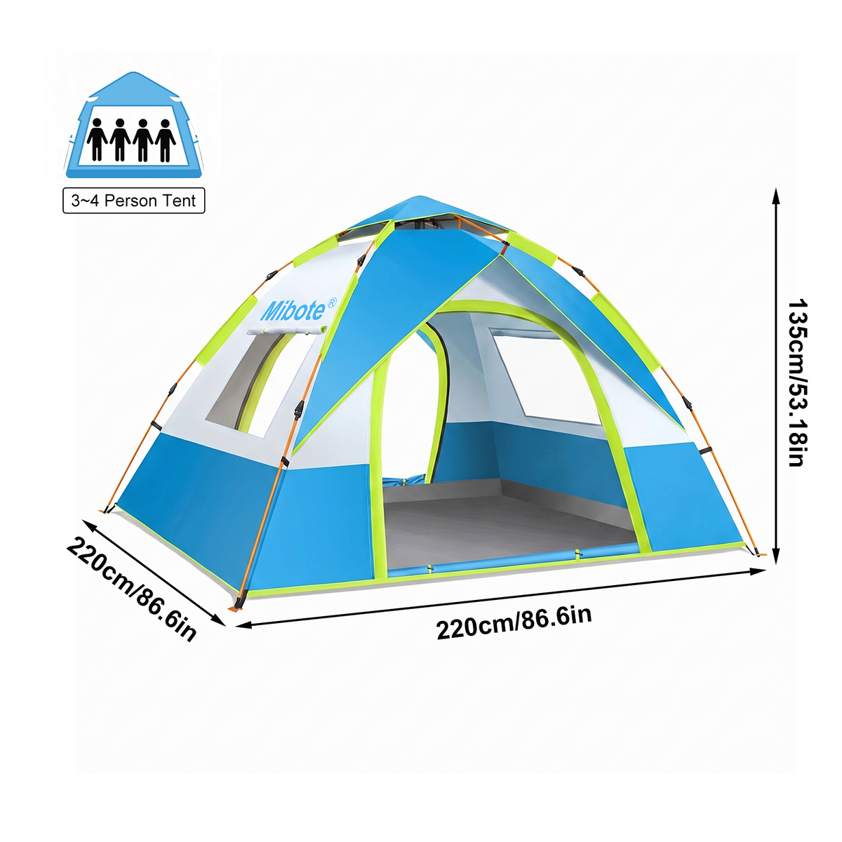 Mibote 2-4Person Camping Tent,Auto Setup Pop Up Tent,Waterproof,Huge Door & Windows for Camping,Hiking,Travel,Blue