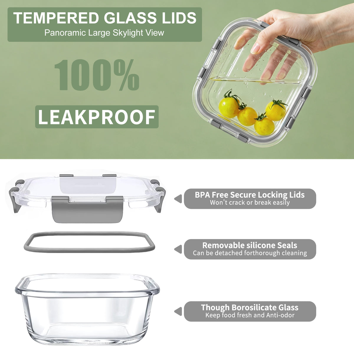 TAIMASI 16 Pack Borosilicate Glass Food Storage Containers with Lids, Airtight Leak Proof Snap Lock Glass Meal Prep Containers, Microwave Oven Freezer Dishwasher Safe, BPA Free Kitchen Storage Set