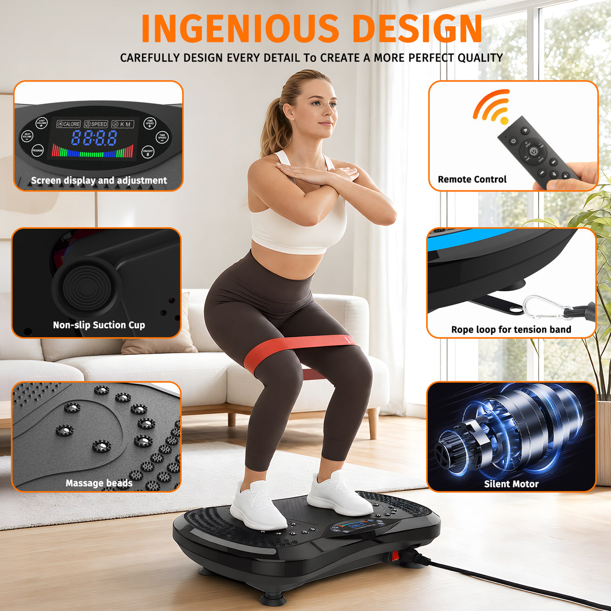 Mibote Extra-Large Platform Vibration Plate Machine, Full Body Workout with 2 Loop Bands + 4 Resistance Bands & Remote Control, Toning & Strength Training for Men & Women