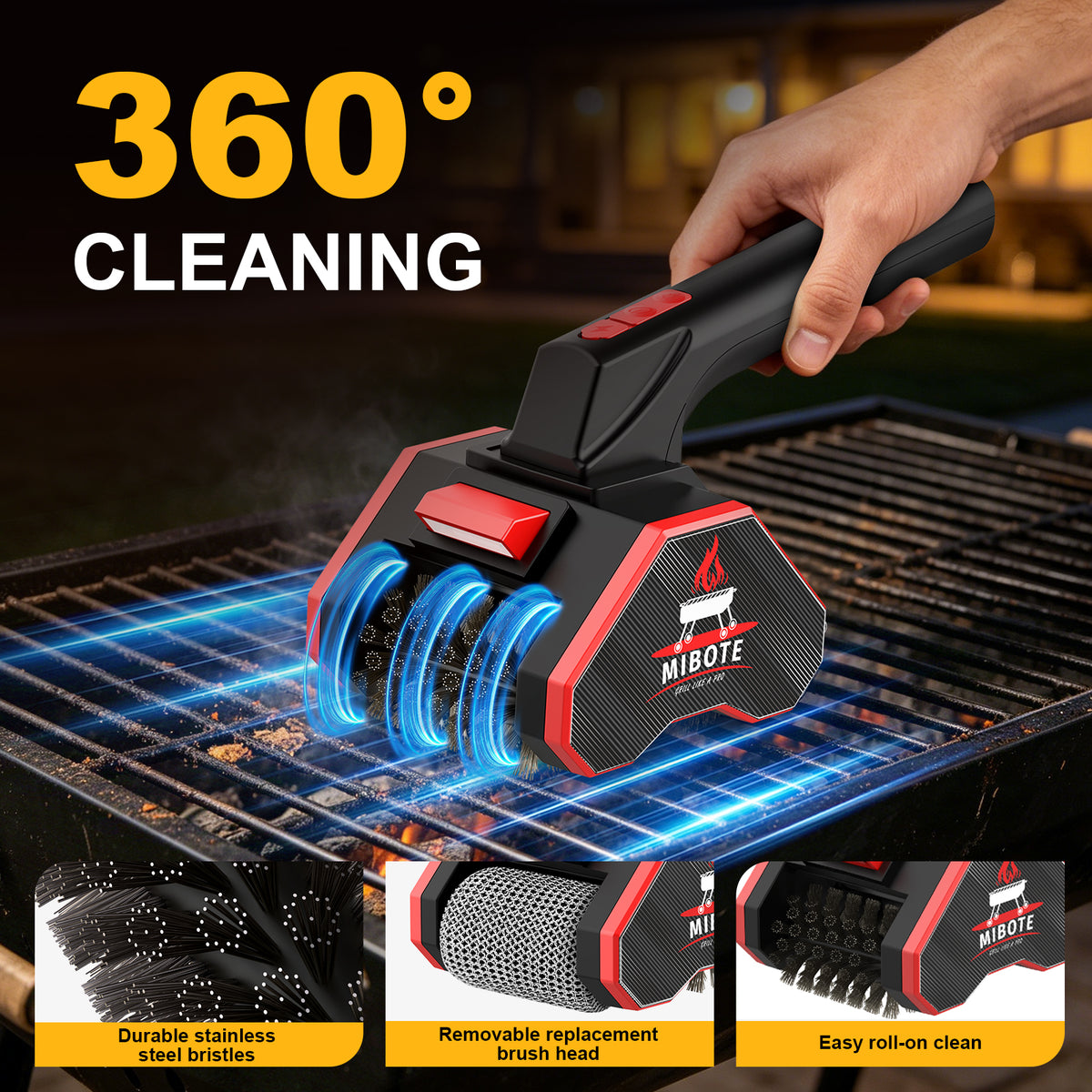 Mibote Electric Grill Brush,2-Speed Adjustment with 304 Stainless Steel,Rechargeable ,Waterproof for Outdoor Barbecue