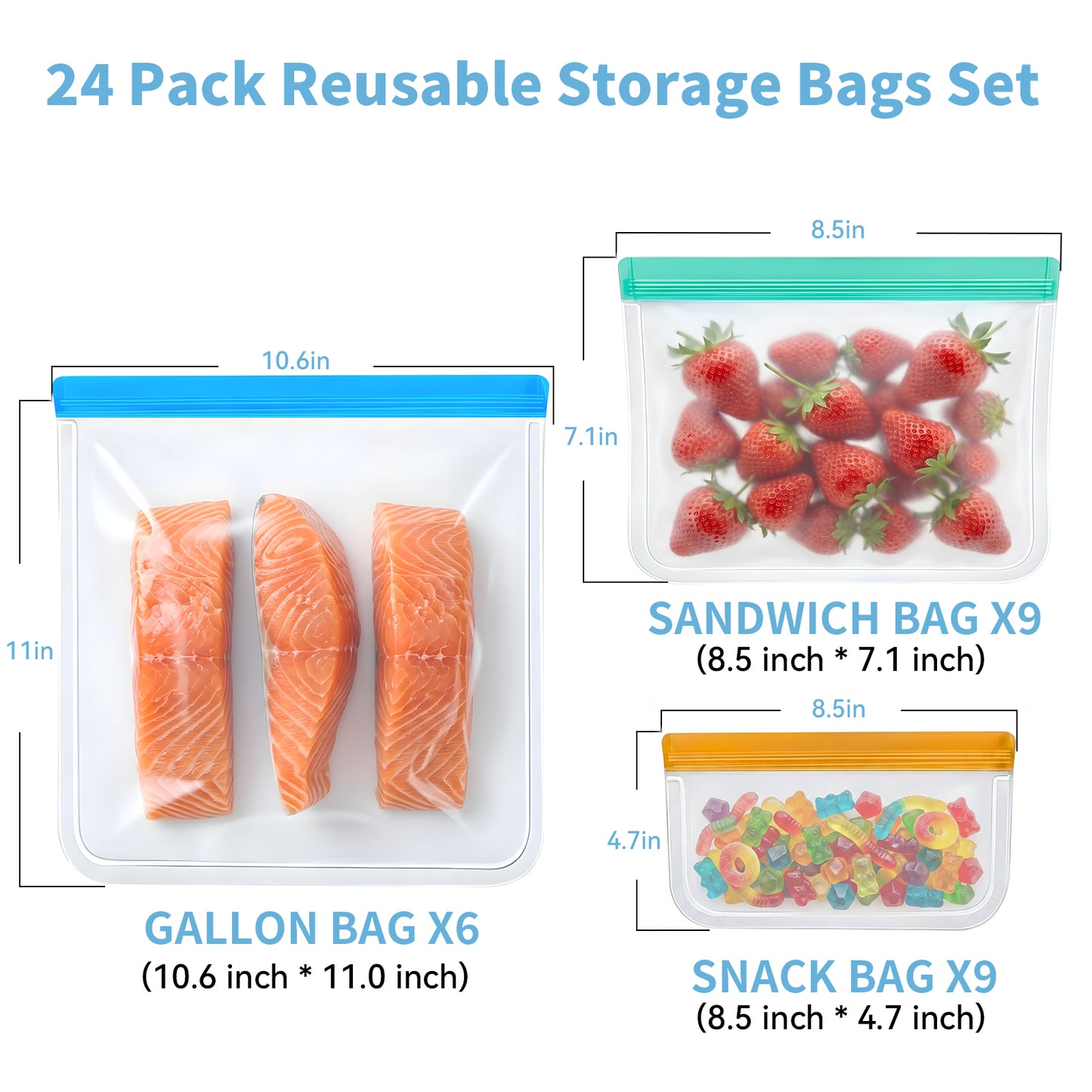 Reusable Food Storage Bags, Silicone Bags for Food Storage, Leakproof Airtight, BPA Free, Freezer Safe, 3 Sizes Reusable Freezer Bags for Meal Prep, Snacks, Fridge, Travel
