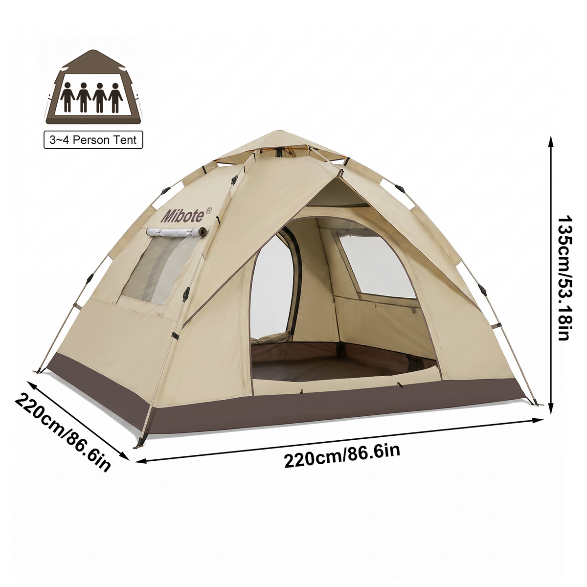 Mibote 2-4Person Camping Tent,Auto Setup Pop Up Tent,Waterproof,Huge Door & Windows for Camping,Hiking,Travel,khaki