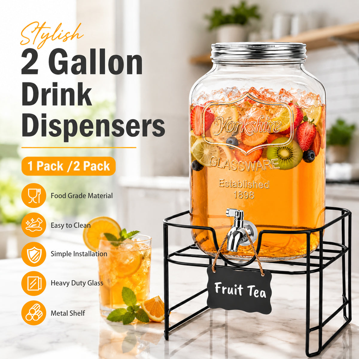 Drink Dispensers, TAIMASI 2 Gallon Glass Beverage Dispenser with Stand & Stainless Steel Spigot for Parties, Lemonade Dispenser for Sun Tea, Picnic