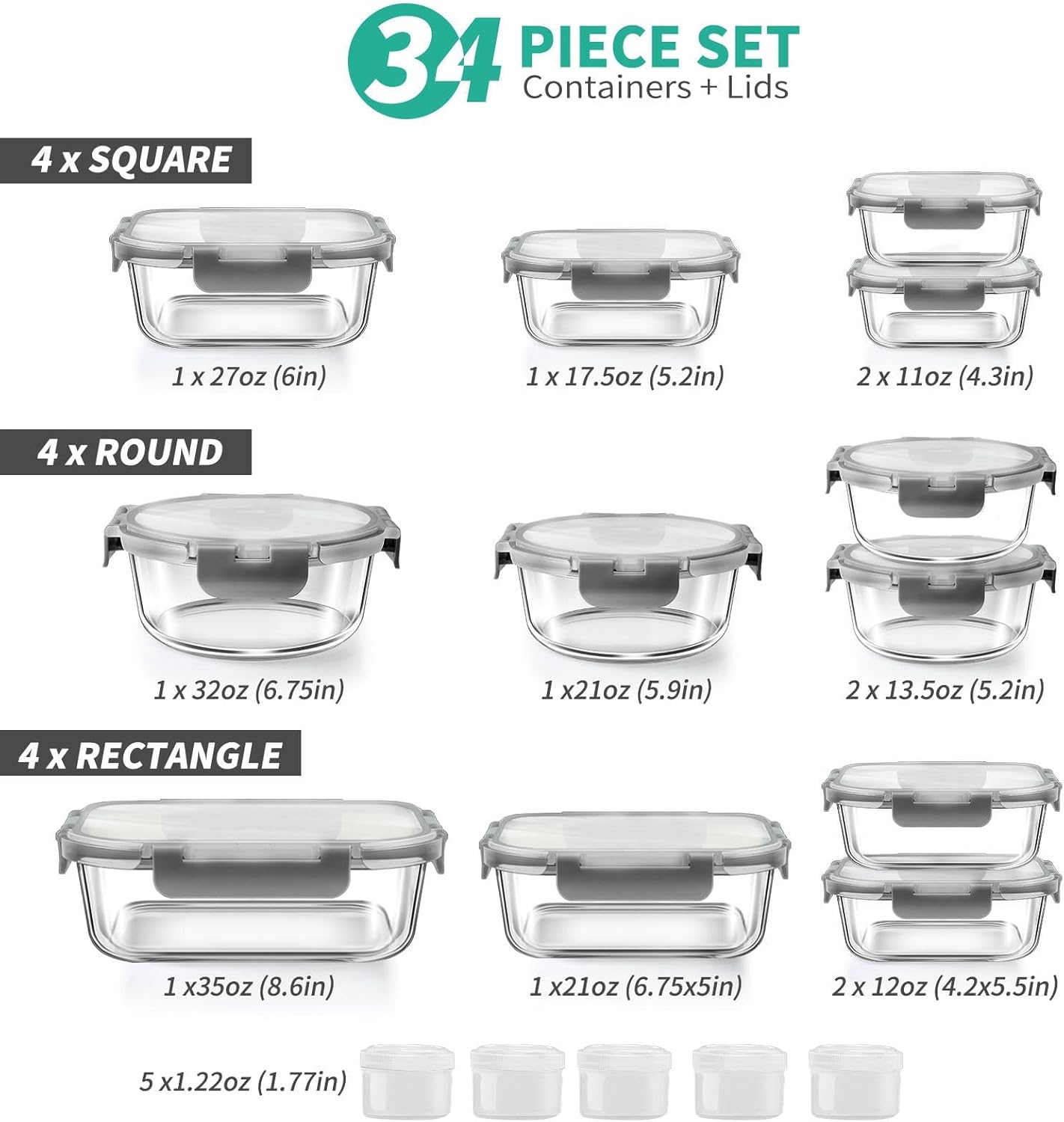 AMALEKO 34pcs Glass Food Storage Containers with Lids Set, Airtight Glass Meal Prep Containers (17 Containers & 17 Lids), Leak Proof Lunch Container BPA-Free, Microwave, Oven, Freezer, Dishwasher Safe-Grey