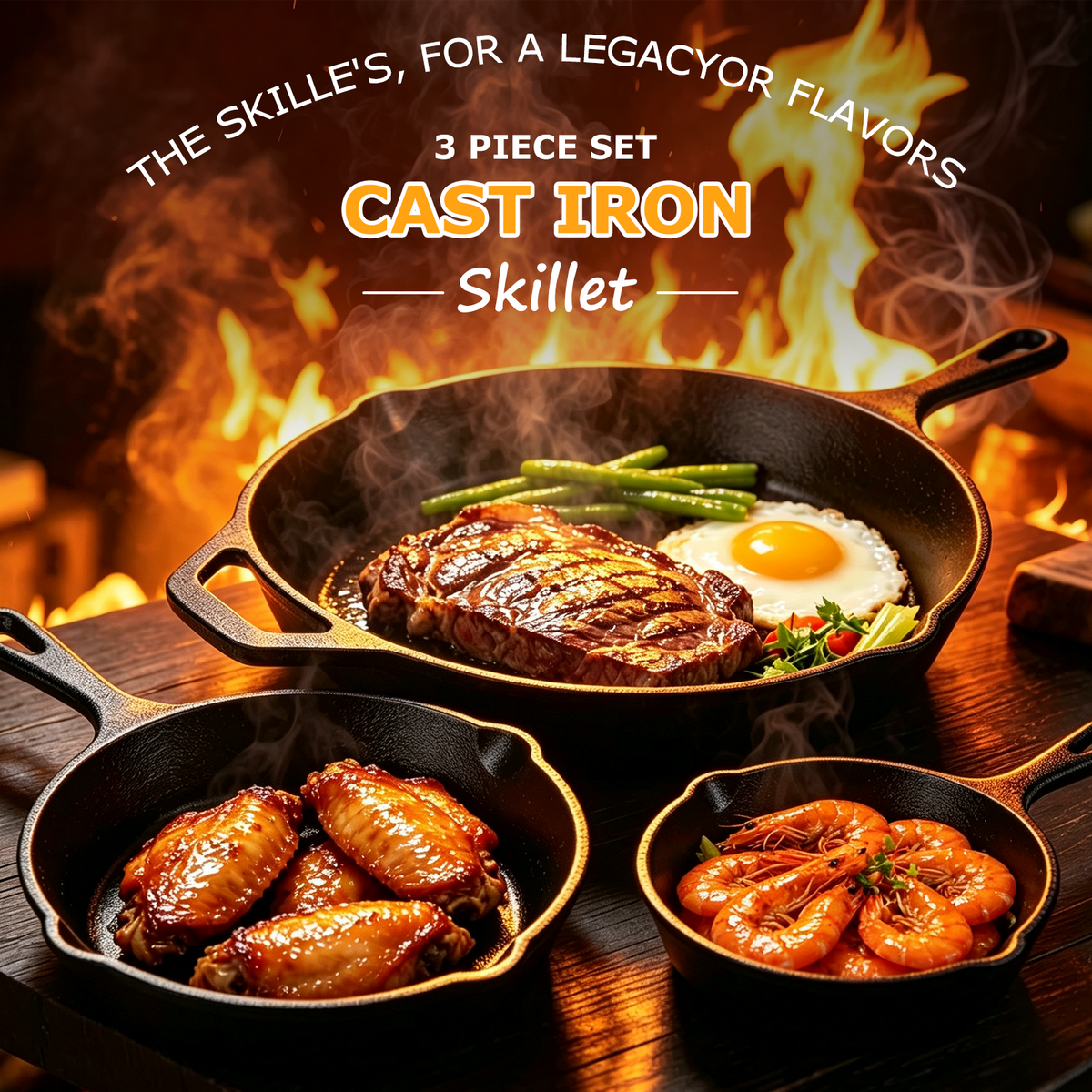 3 Piece Cast Iron Skillet Set, AOKIWO 6", 8", 10" Pre-Seasoned Pan Cookware Set with Handles, Heavy-Duty Frying Pans for Saute, Cooking, Pizza, Oven Grill Stovetop Safe Cookware