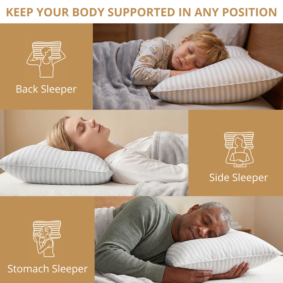 KAQINU Bed Pillows Queen Size Set of 2,Great Support Luxury Hotel Pillows for Side,Stomach and Back Sleepers,Striped White