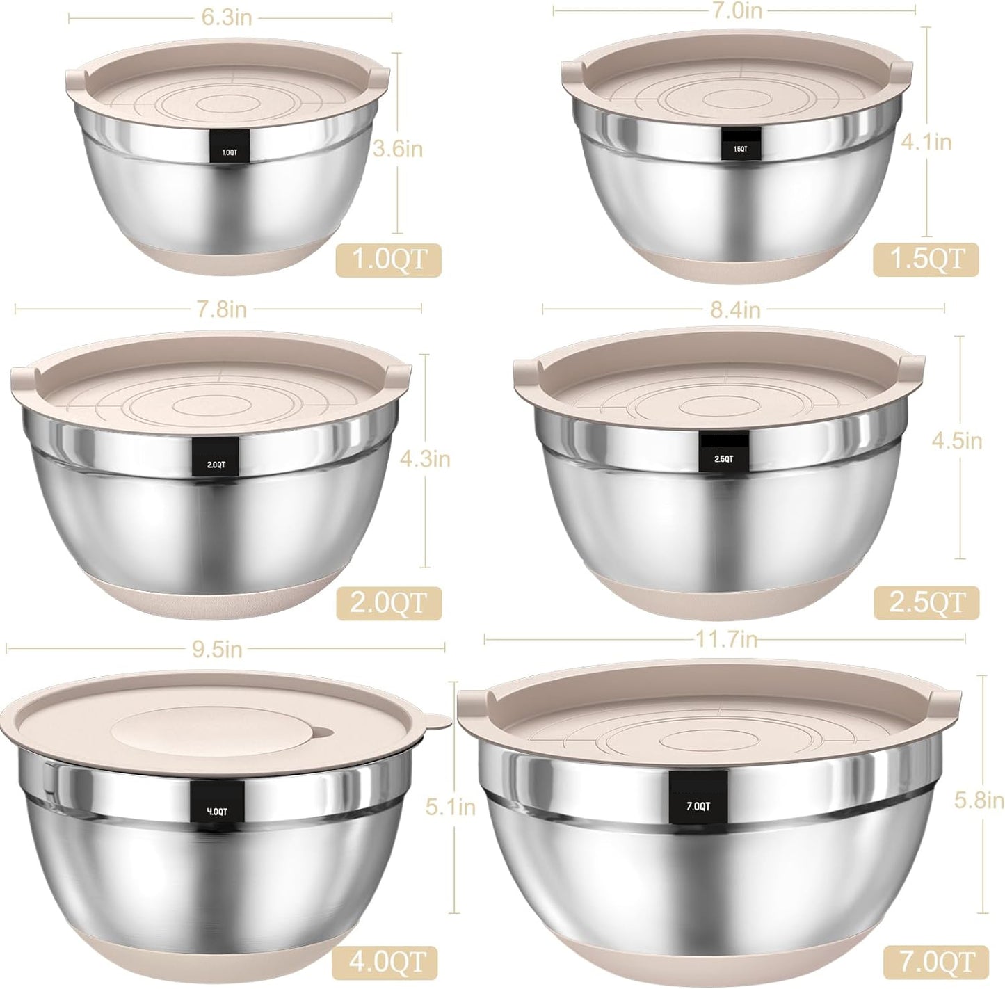 Mixing Bowls with Airtight Lids, AOKIWO 32Pcs Stainless Steel Nesting Non-Slip Bottoms Mixing Serving Bowls Set wtih 3 Grater & Tools Gadgets, 7/4/2.5/2/1.5/1QT Metal Salad Bowls for Serving Preppi