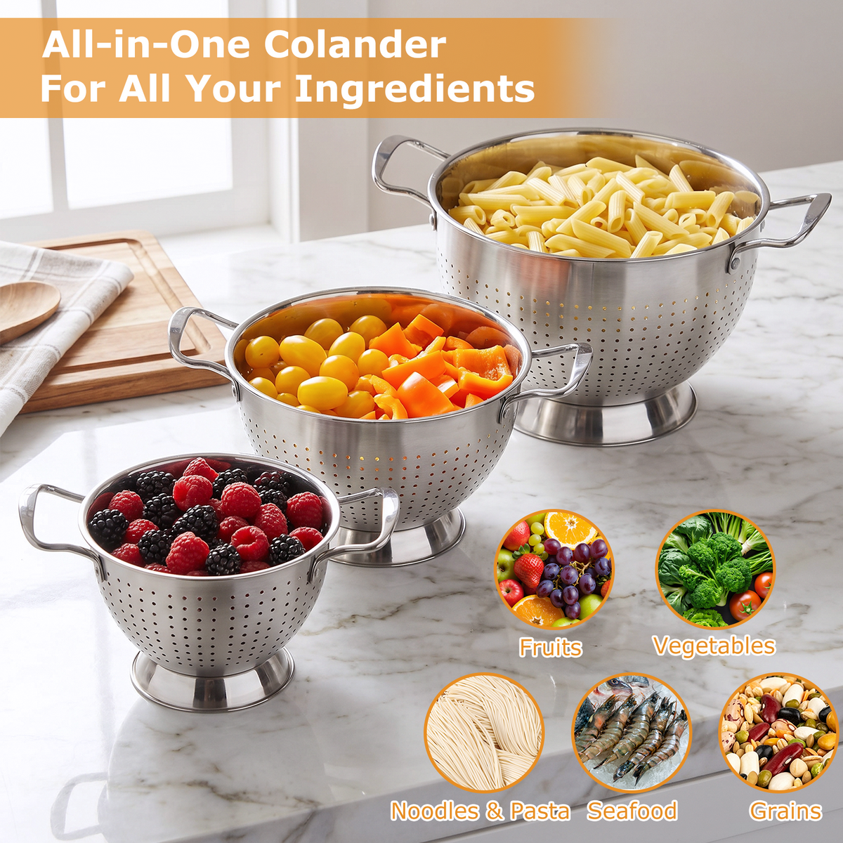 Colander Set of 3, TAIMASI 1.5, 3 & 5 Quart Stainless Steel Micro-Perforated Colanders Strainers for Draining Rinsing Washing, Kitchen Colanders Bowl for Pasta Fruits, Dishwasher Safe