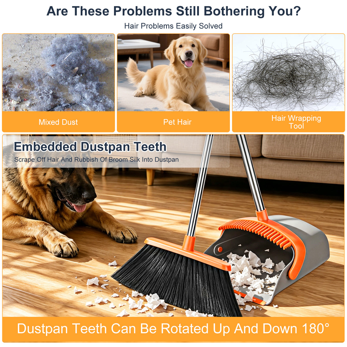 Upgrade Broom and Dustpan Set, TAIMASI Broom with Dustpan Combo with 52" Long Adjustable Handle, Ideal for Indoor Outdoor Garage Kitchen Room Office Lobby (Gray&Orange)