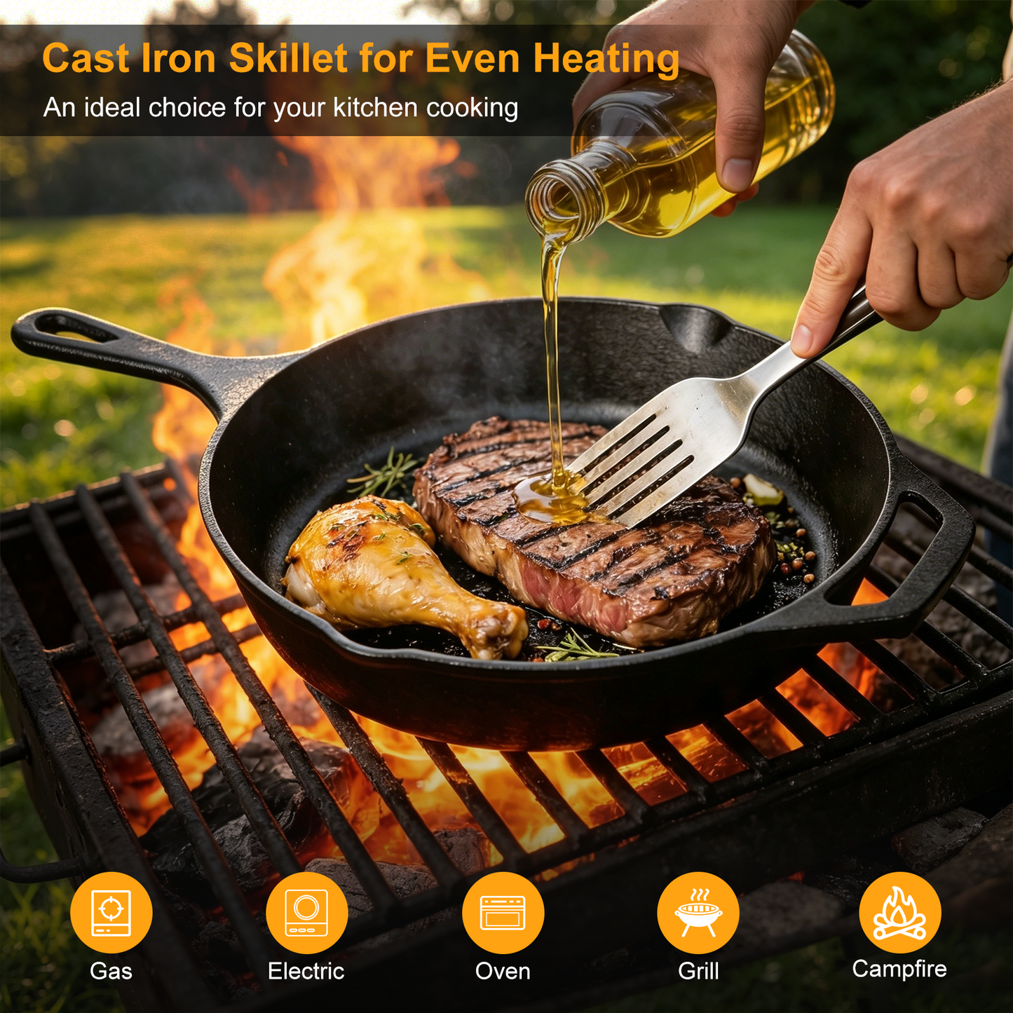 Cast Iron Skillet, TAIMASI 10" Pre-Seasoned Frying Pan With Handles, Oven Grill Stovetop Safe Cookware Set for Grilling, Sauteing, Baking