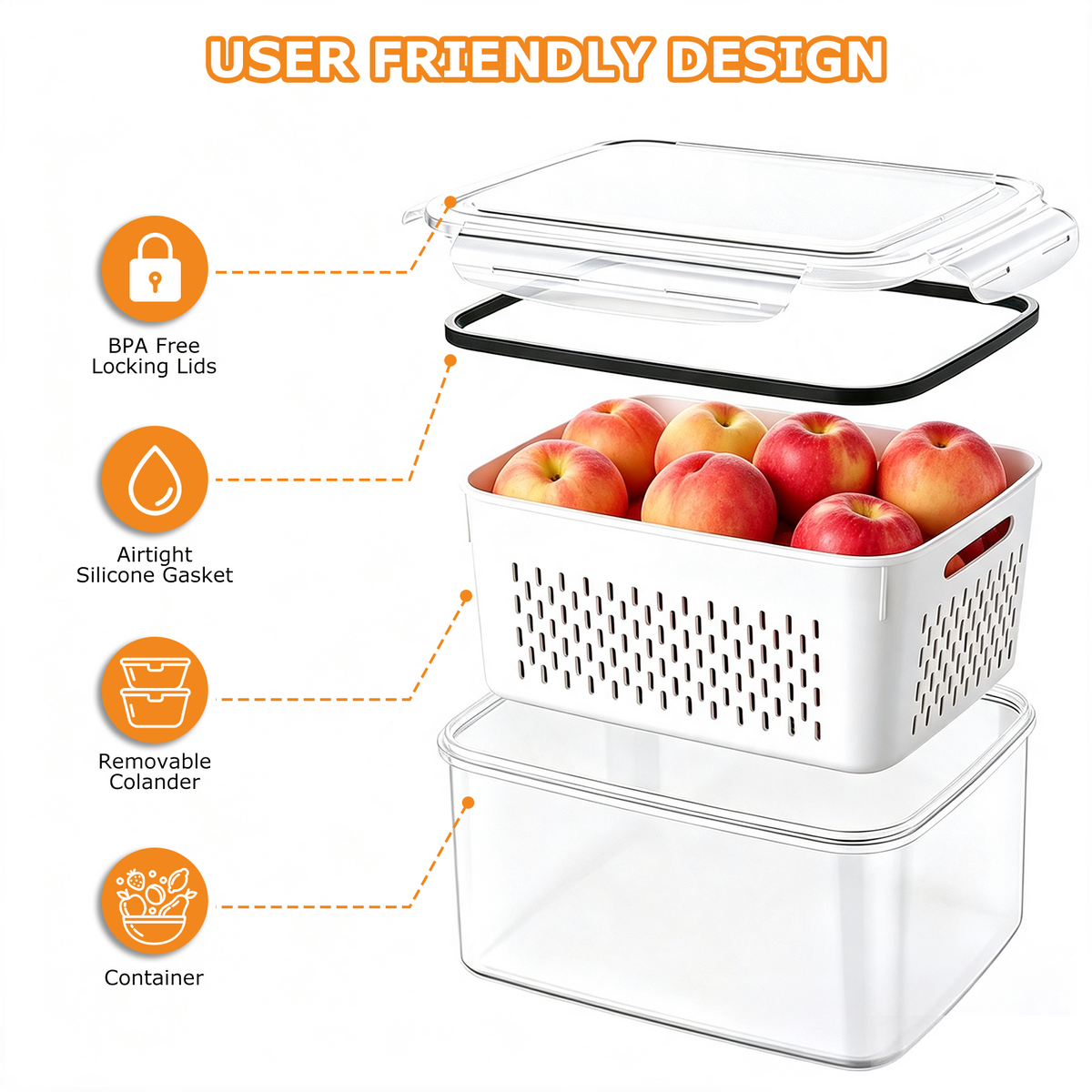 6 Pack Fruit Storage Containers for Fridge with Removable Colanders and Lids, 6 in 1 Leakproof Fridge Organizer Bins for Salad Berry Lettuce Vegetables Meat Keeper Fresh