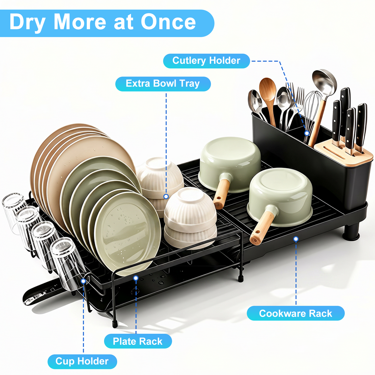 Extendable Dish Rack for Kitchen Counter, TAIMASI Multifunctional Large Dish Drying Rack, Anti-Rust Dish Drainers with Drainboard, Utensil Holder, Cup Holder, 19.2"-26.7" L x 12.9" W, Black