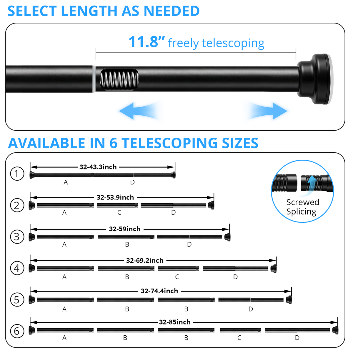 MIBOTE Shower Curtain Rod 32-85 Inch,Adjustable Curtain Rod for Windows,Modern Design, Easy Installation,Black