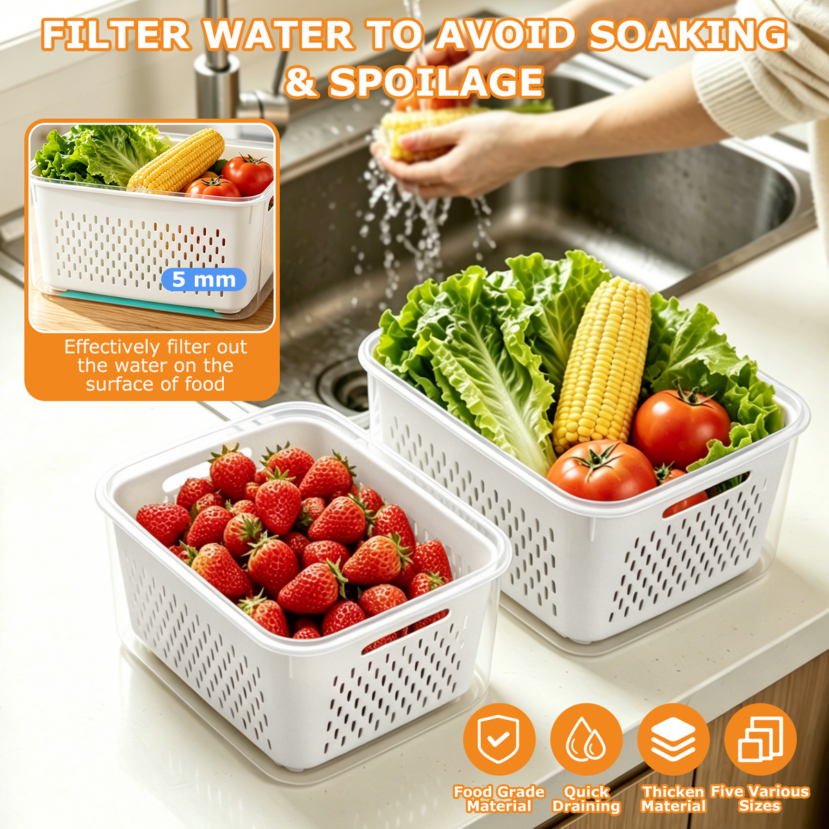 10 Pack Fruit Storage Containers for Fridge with Colanders, Leakproof Produce Saver Containers with Lids, BPA-Free Refrigerator Organizer for Fruits, Vegetables, Berries, Meat & Meal Prep