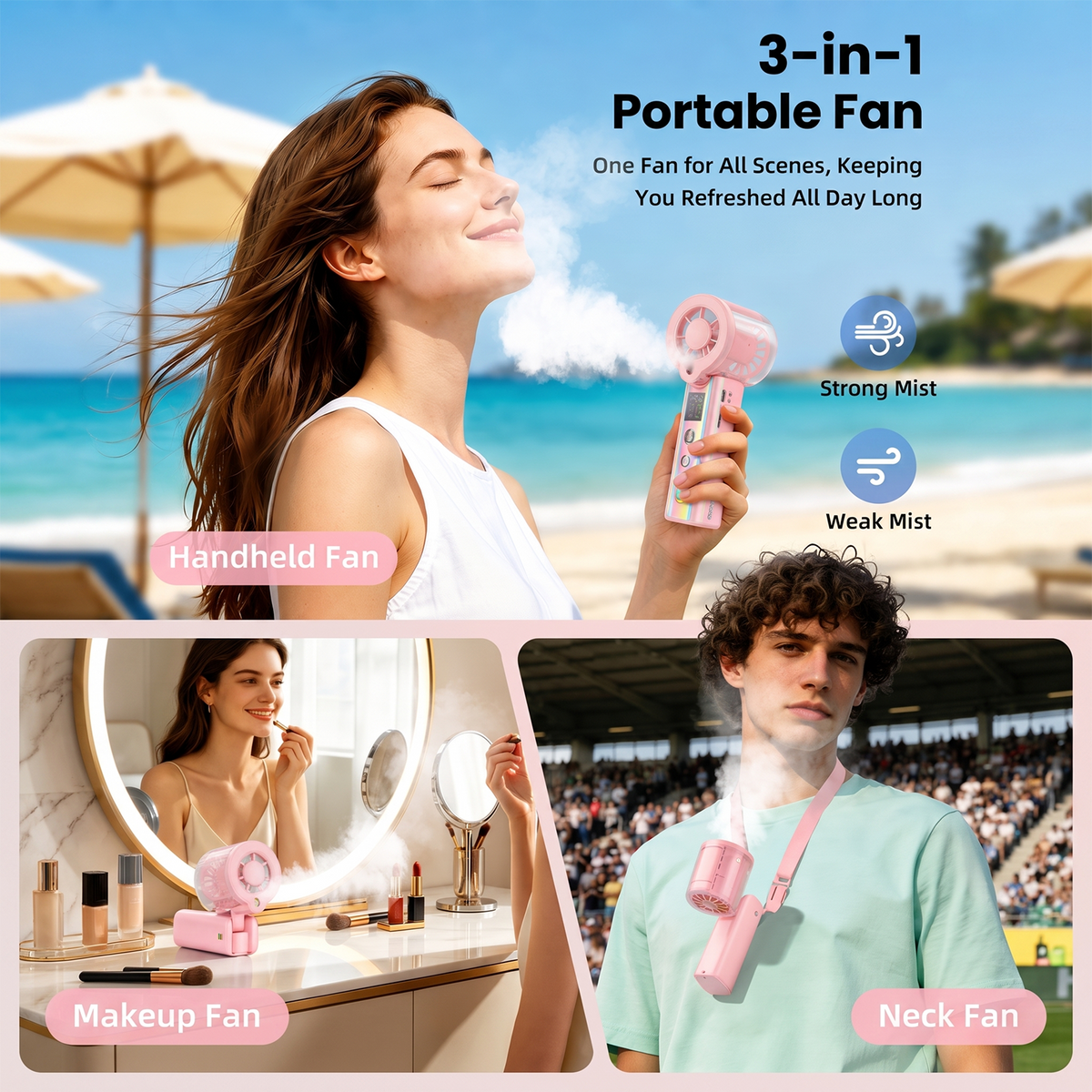 MIBOTE Upgraded Misting Fan Portable Fan with Digital Display, 30ml Water Tank, Multiple Speeds, Portable for Outdoor and Travel –Pink