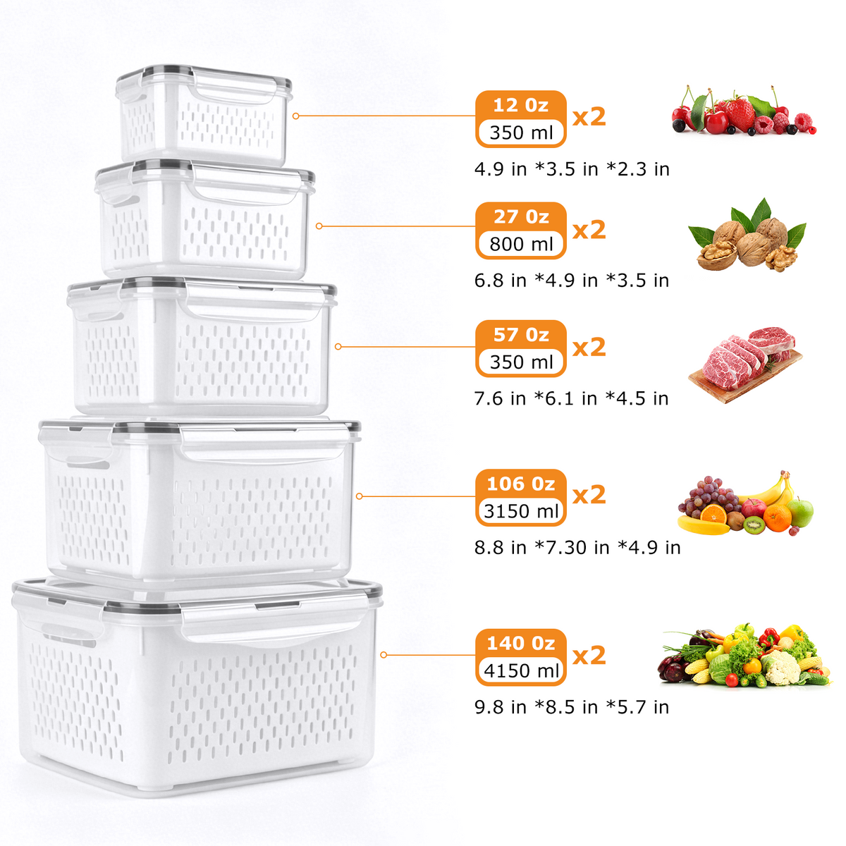 10 Pack Fruit Storage Containers for Fridge with Colanders, Leakproof Produce Saver Containers with Lids, BPA-Free Refrigerator Organizer for Fruits, Vegetables, Berries, Meat & Meal Prep
