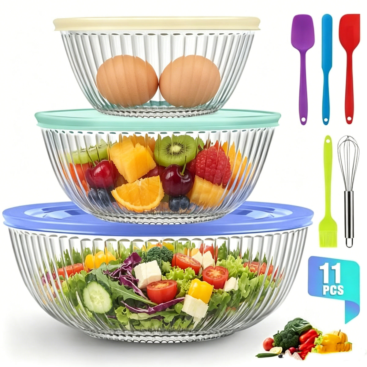 Glass Mixing Bowls Set, AOKIWO 11 Packs 3 Size Glass Nesting Mixing Bowl with BPA-Free Lids & Baking Tools, Kitchen Storage Bowls for Prep, Baking, Serving