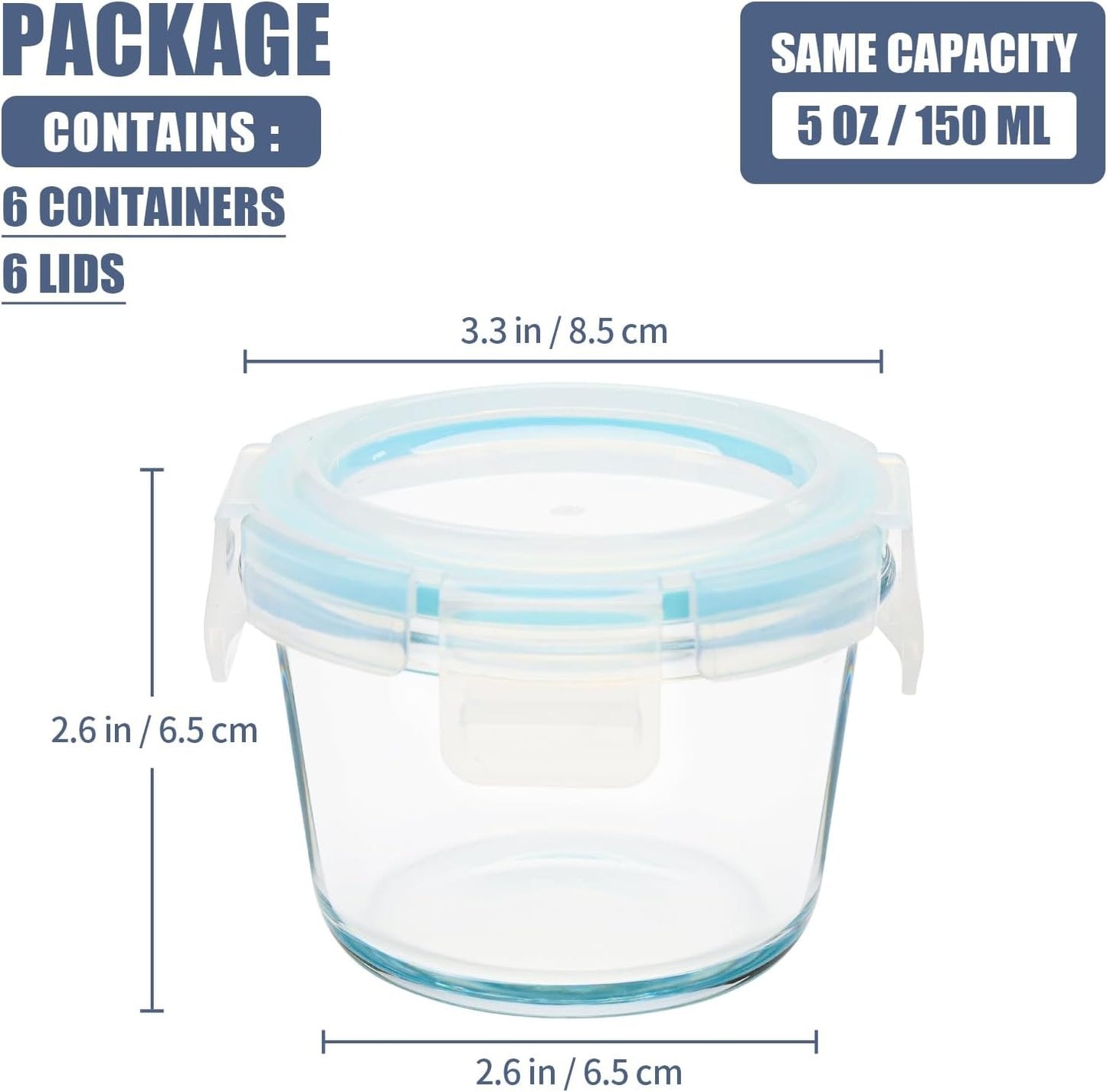 12 Pcs Small Glass Food Storage Containers with Lids Set, 5oz Airtight Meal Prep Containers Lunch Box (6 Containers & 6 Lids) for Fruit, Snack, Blue