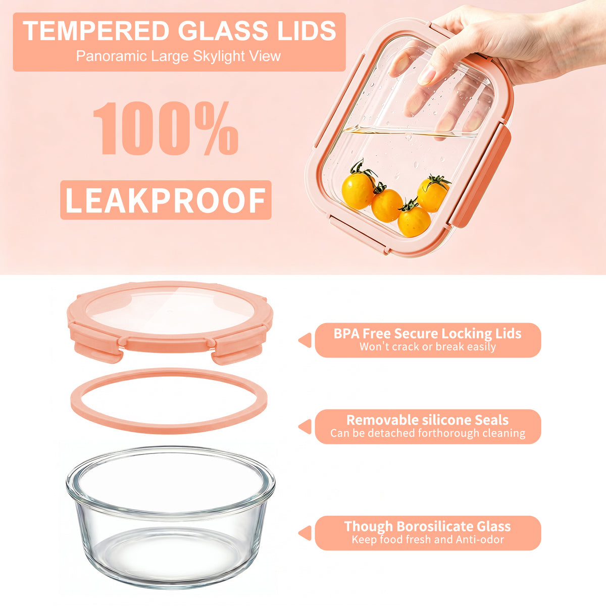 36 Pcs Glass Food Storage Containers with Tempered Lids Set, Borosilicate Oven-Safe(-4°F~950°F), Airtight Meal Prep Lunch Box Containers (18 Containers & 18 Lids), Pink