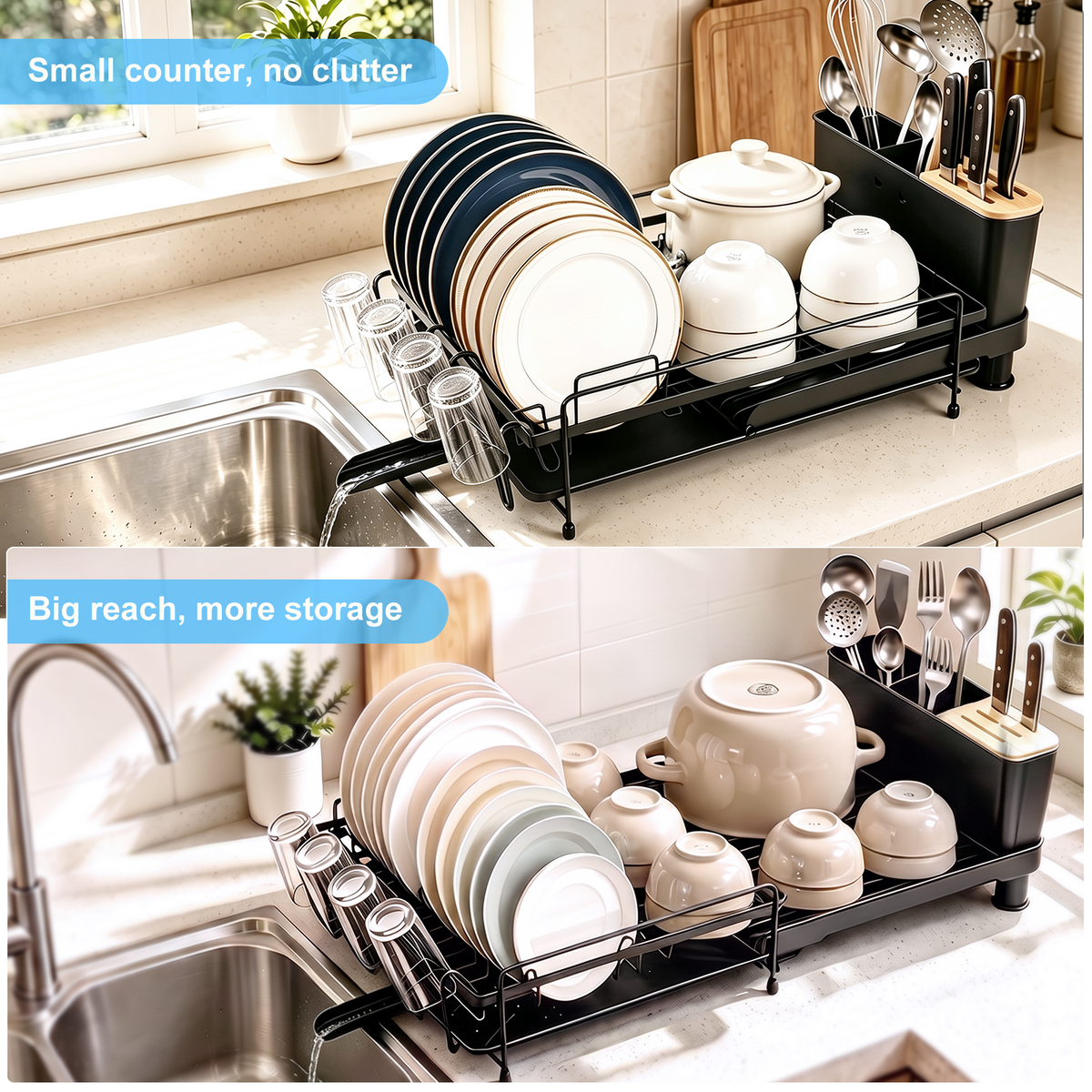 Extendable Dish Rack for Kitchen Counter, TAIMASI Multifunctional Large Dish Drying Rack, Anti-Rust Dish Drainers with Drainboard, Utensil Holder, Cup Holder, 19.2"-26.7" L x 12.9" W, Black