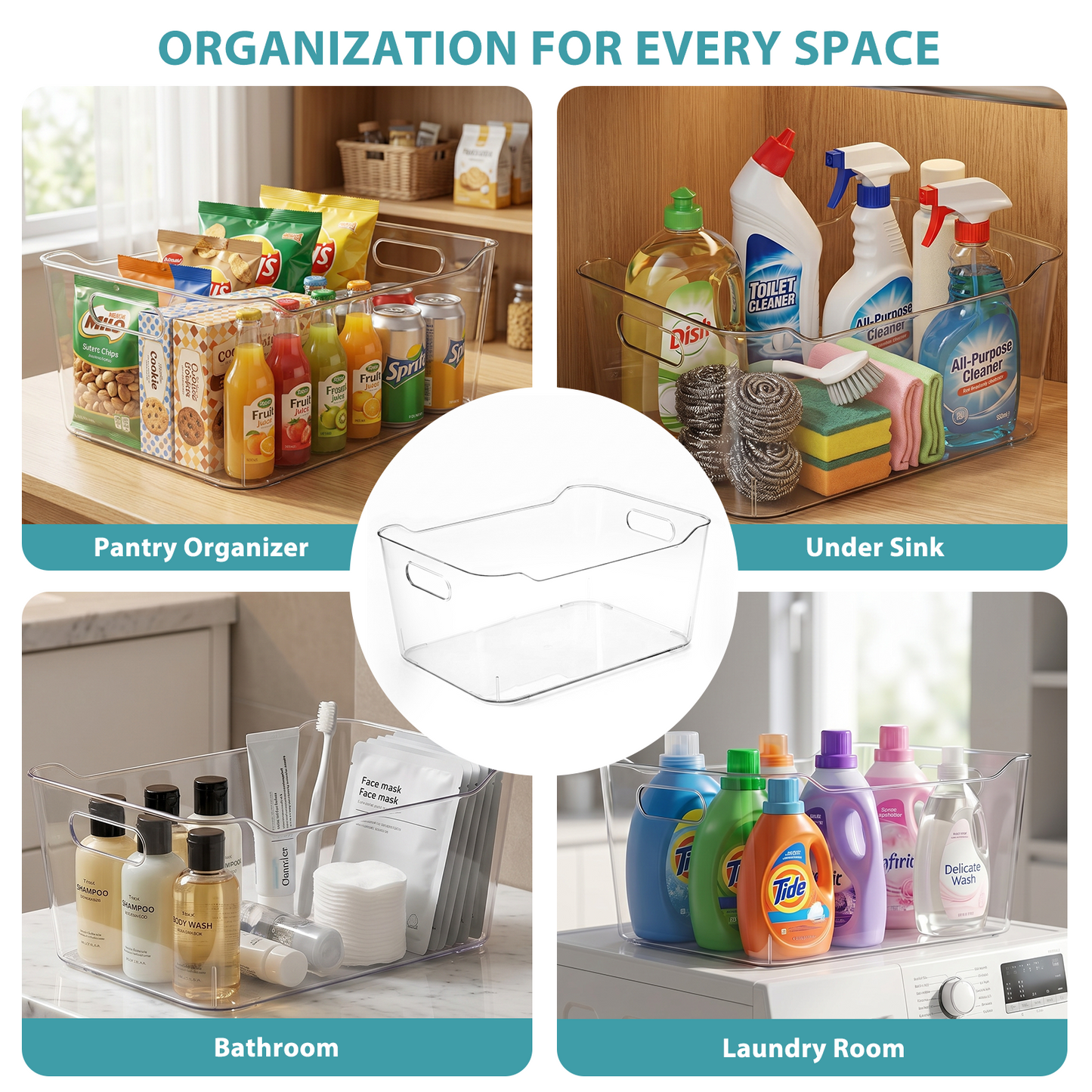 6 Pack Clear Plastic Storage Bins, TAIMASI Extra Large Pantry Organizer, 13.5" x 10" Multi-Use Organizer Bins, Stackable Storage Containers for Home, Kitchen, Cabinet