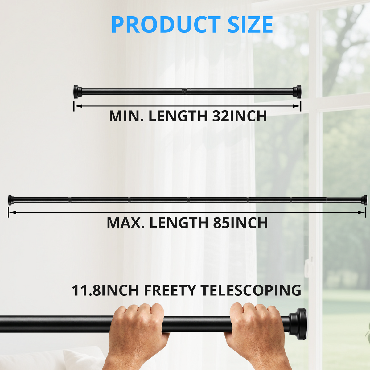 MIBOTE Shower Curtain Rods 32-85 Inch,Adjustable Curtain Rod with Holders for Windows,Anti-Slip,Curtain Rods No Drilling,Modern Design,Black