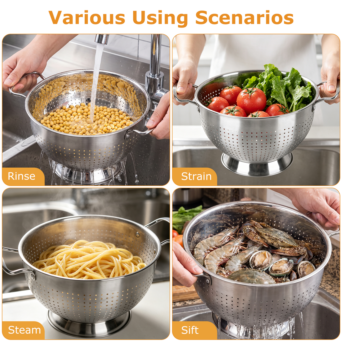 Colander Set of 3, TAIMASI 1.5, 3 & 5 Quart Stainless Steel Micro-Perforated Colanders Strainers for Draining Rinsing Washing, Kitchen Colanders Bowl for Pasta Fruits, Dishwasher Safe