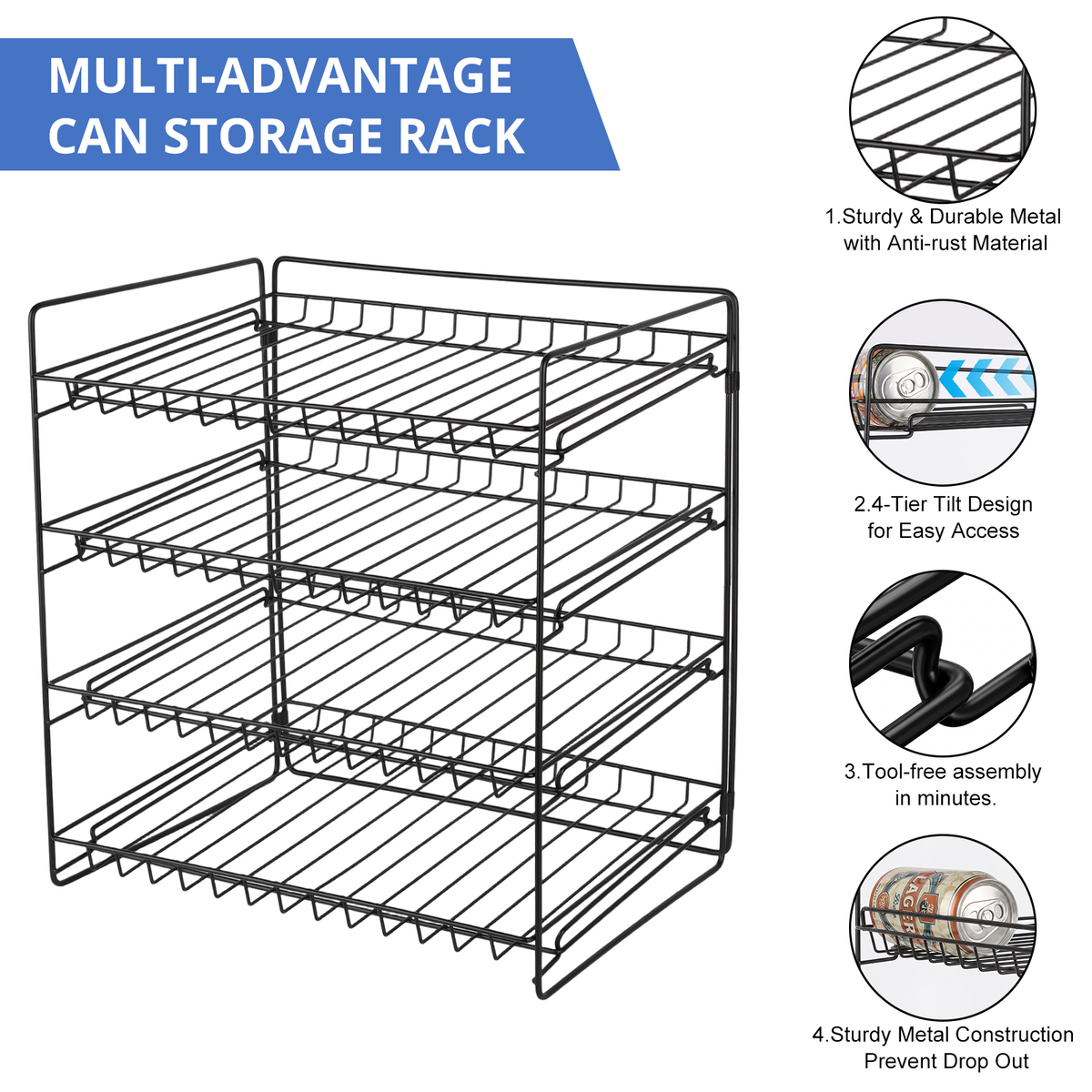 4 Tier Stackable Can Organizer, TAIMASI Stainless Steel Kitchen Cabinet Pantry Organization Food Storage Dispenser Holds Up to 48 Cans,Black