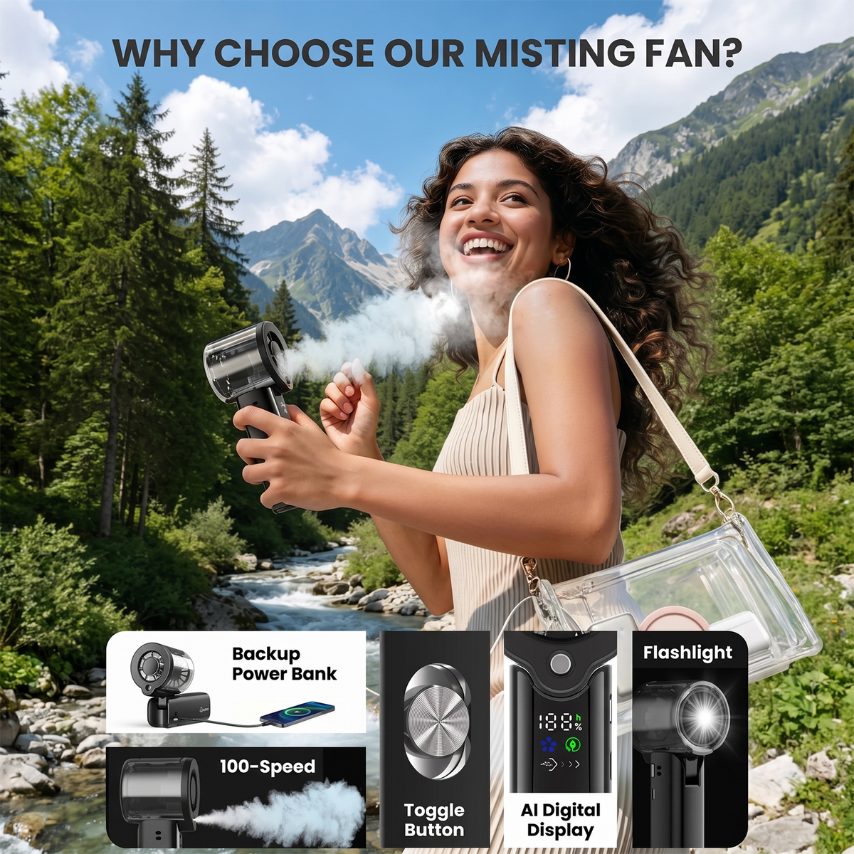 MIBOTE Upgraded Misting Fan Portable Fan with Digital Display, 30ml Water Tank, Multiple Speeds, Portable for Outdoor and Travel – Black