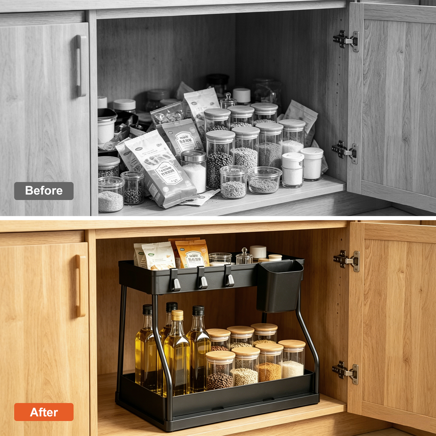 2 Pack Under Sink Organizer, 2 Tier L-Shaped Pull Out Cabinet Organizer for Kitchen and Bathroom, Space Saving Sliding Drawer Storage Rack, Durable Plastic Narrow Space Shelves, Black
