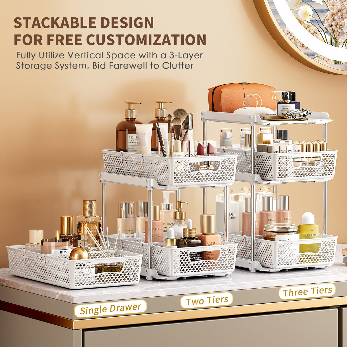 TAIMASI Pull-Out 3 Tier Bathroom Organizers and Storage, Under Sink Organizer, Kitchen Cabinet Organizer White, 1 (Count)