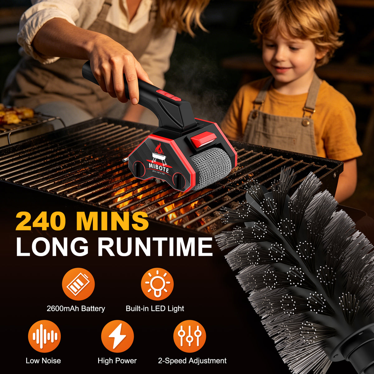 Mibote Electric Grill Brush,2-Speed Adjustment with 304 Stainless Steel,Rechargeable ,Waterproof for Outdoor Barbecue