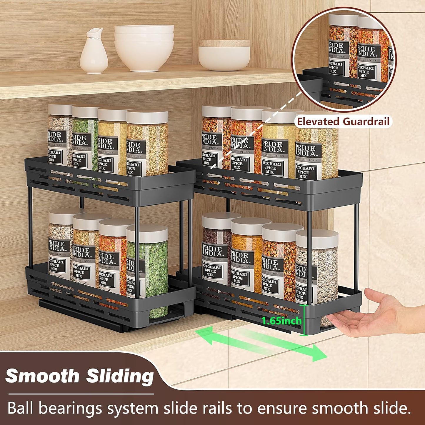 2 Pack Pull Out Spice Rack Organizer for Cabinet, AOKIWO Multi-Purpose Kitchen Storage Cabinet Organizer, Fits 12"H x 11"D x 5"W, Black