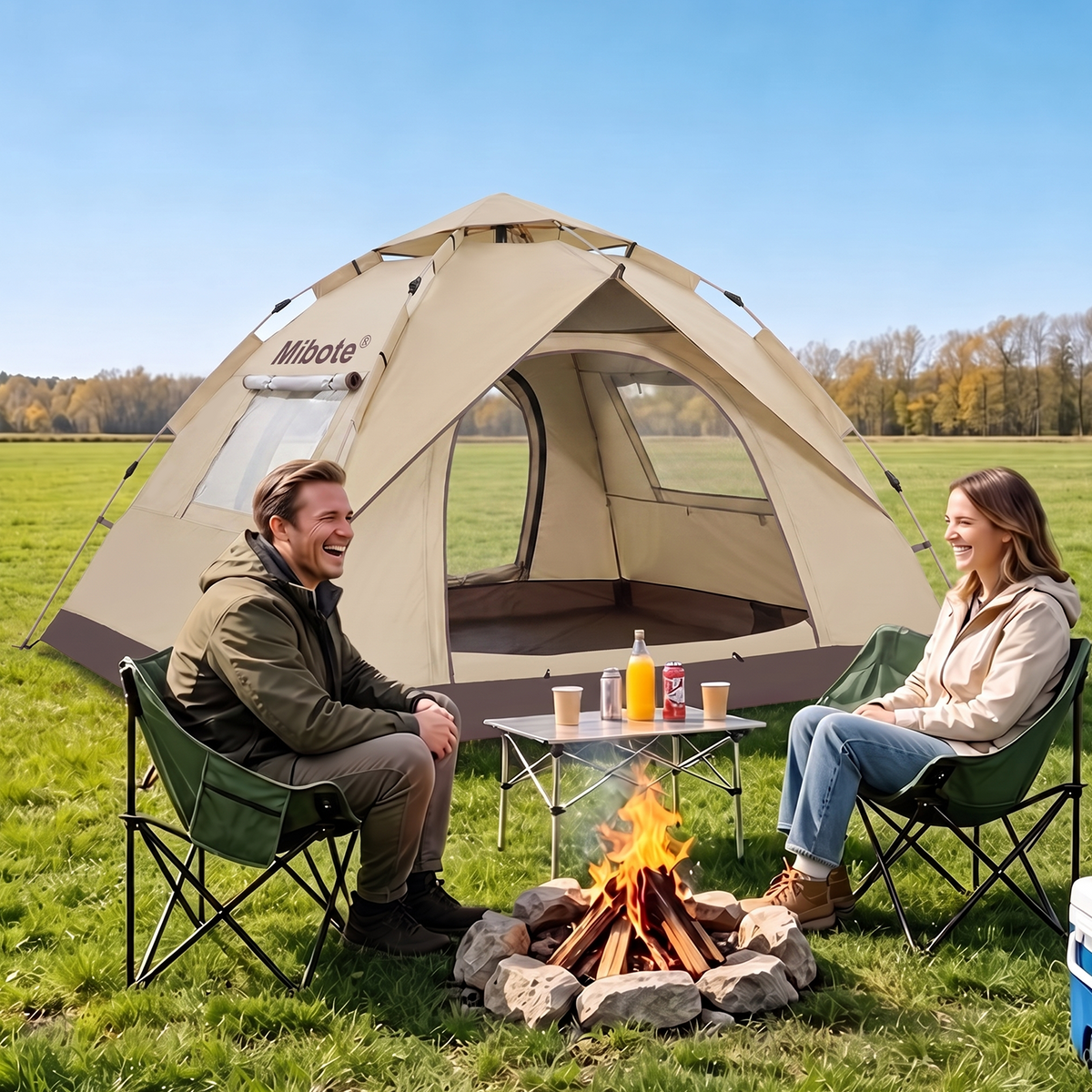 Mibote 2-4Person Camping Tent,Auto Setup Pop Up Tent,Waterproof,Huge Door & Windows for Camping,Hiking,Travel,khaki