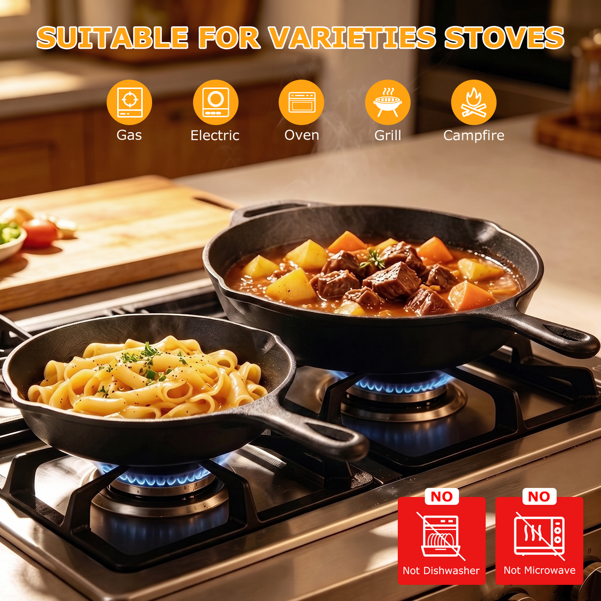 3 Piece Cast Iron Skillet Set, AOKIWO 6", 8", 10" Pre-Seasoned Pan Cookware Set with Handles, Heavy-Duty Frying Pans for Saute, Cooking, Pizza, Oven Grill Stovetop Safe Cookware