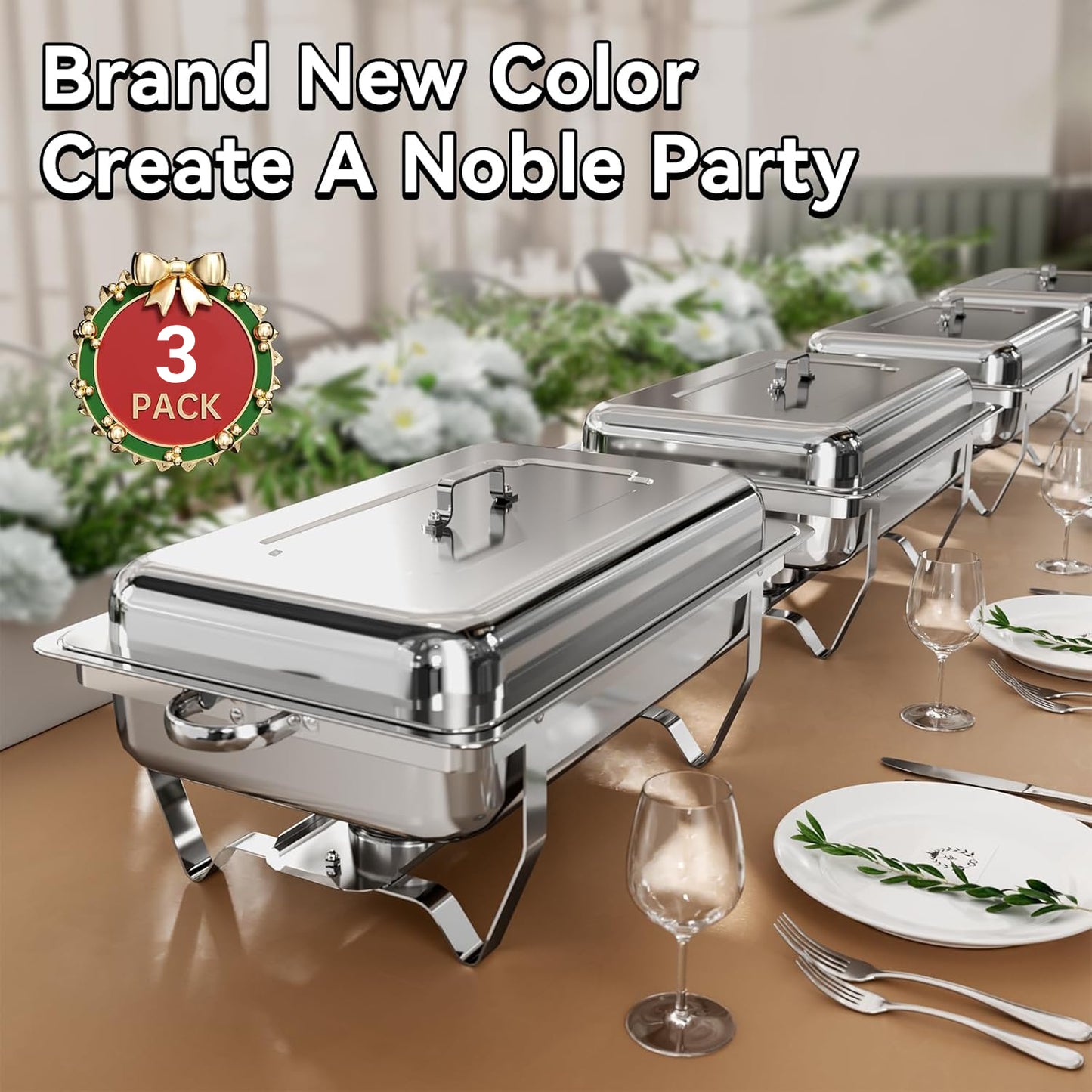Chafing Dishes for Buffet ,AOKIWO 3 Packs 8QT Mirrored Stainless Steel Chafing Dishes for Buffet, Chafers and Buffet Warmer for Parties, Events, Wedding, Camping, Dinner