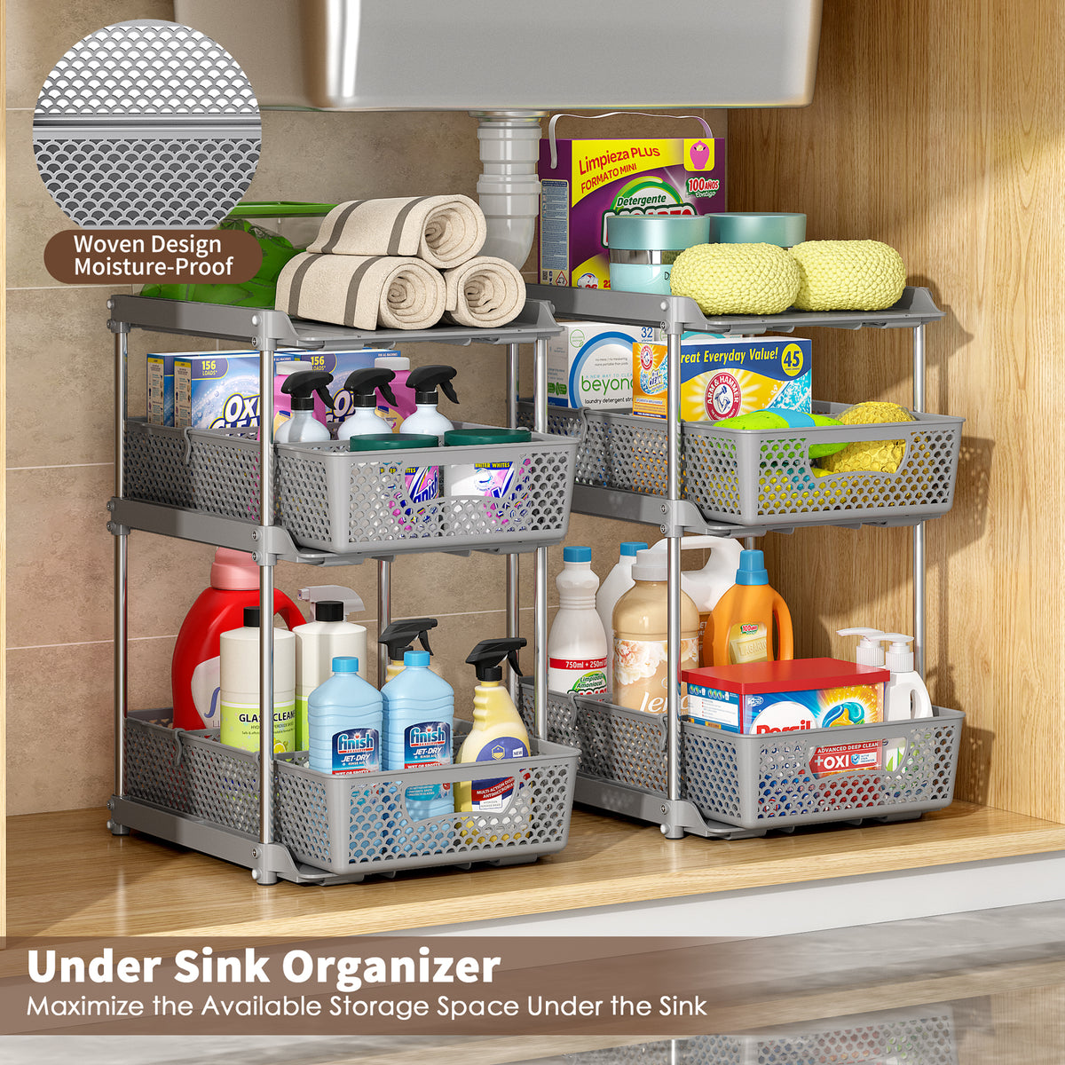 TAIMASI Pull-Out 3 Tier Bathroom Organizers and Storage, Under Sink Organizer, Kitchen Cabinet Organizer Gray, 1 (Count)