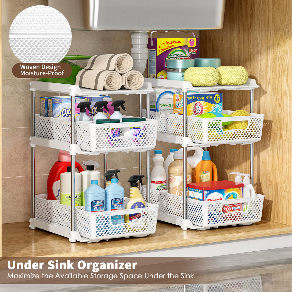 TAIMASI Pull-Out 3 Tier Bathroom Organizers and Storage, Under Sink Organizer, Kitchen Cabinet Organizer White, 3 (Count)