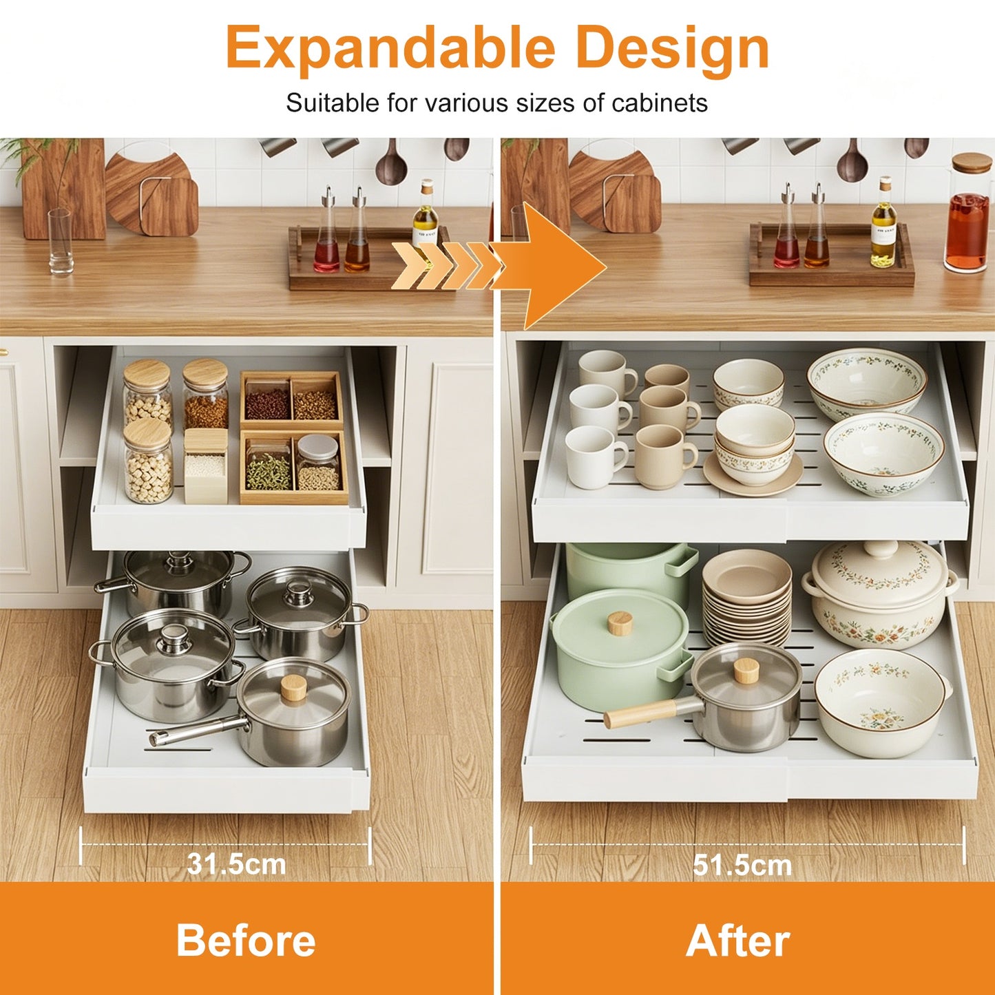 2 Packs Expandable Carbon Steel Pull Out Cabinet Organizer, TAIMASI Upgrade Kitchen Steel 21'' 3 Slide Rails Sliding Organizer Drawers for Cabinets