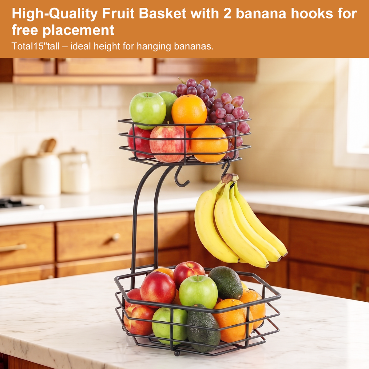 2 Tier Detachable Metal Fruit Basket for Kitchen Counter with 2 Banana Hangers, TAIMASI Stackable Hexagonal Metal Fruit Bowl for Bread Vegetable Fruits, Black
