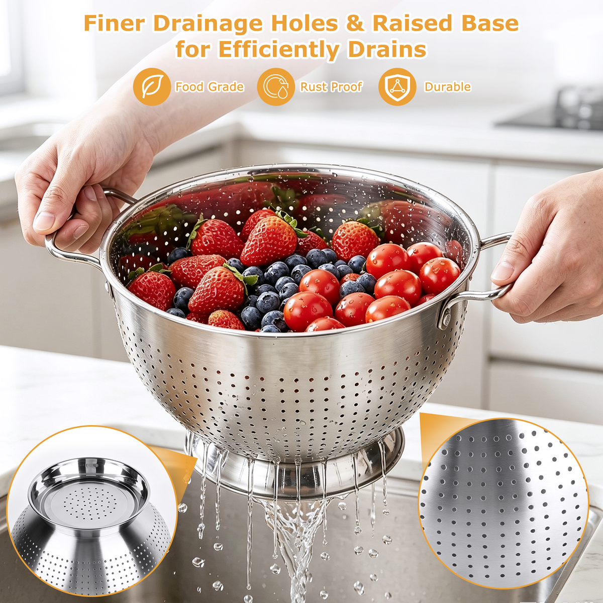 Colander Set of 3, TAIMASI 1.5, 3 & 5 Quart Stainless Steel Micro-Perforated Colanders Strainers for Draining Rinsing Washing, Kitchen Colanders Bowl for Pasta Fruits, Dishwasher Safe