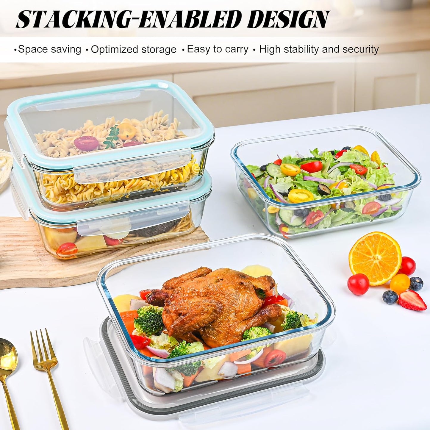 TAIMASI 4 Pcs Glass Food Storage Containers Set, 8 Cup/63 Oz Baking Containers with Leak-Proof Lids (2 containers + 2 Lids), Meal Prep, Lunch Box, Gray